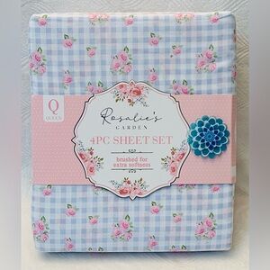 Rosalie’s Garden Blue Gingham Checked Pink Floral Roses Spring Sheet Set - Queen